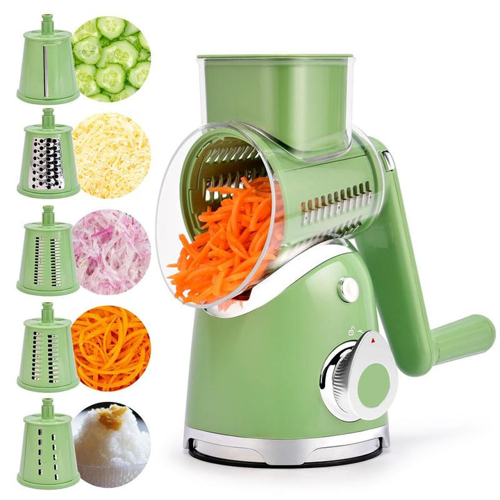 Rotary Vegetable Grater with Five Interchangeable Blades and Suction Cup Base