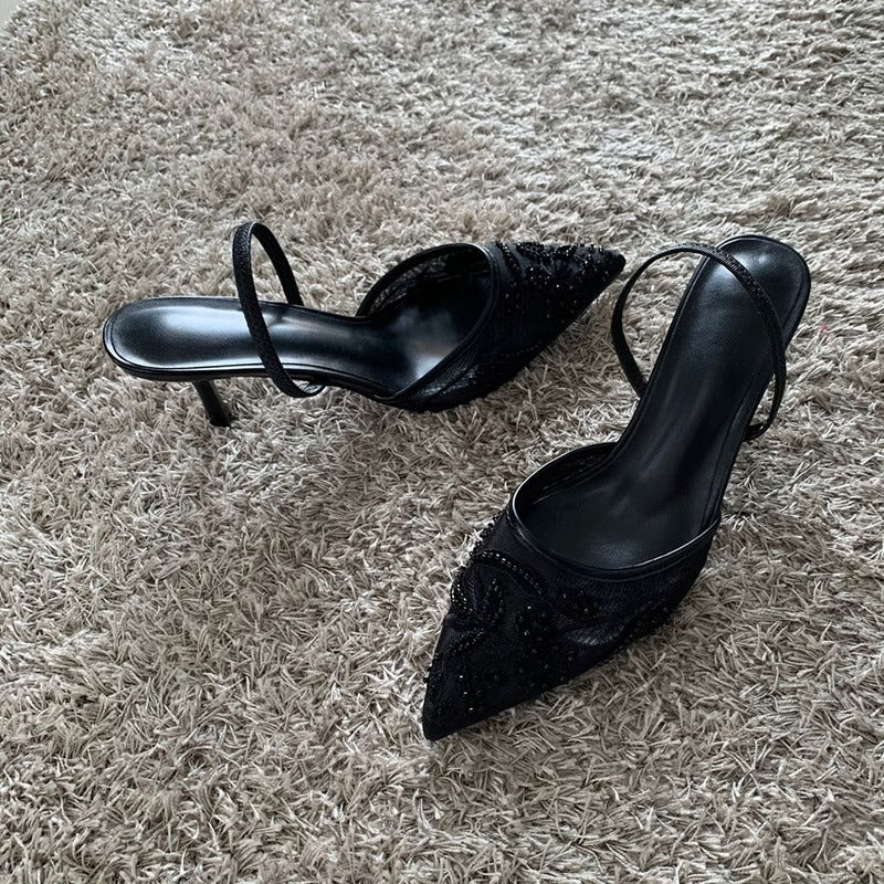 Pointed Toe Mesh Party Shoes with Elasticated Slingback Strap