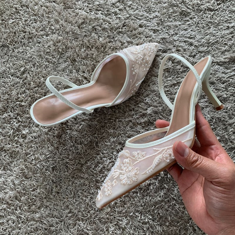Pointed Toe Mesh Party Shoes with Elasticated Slingback Strap