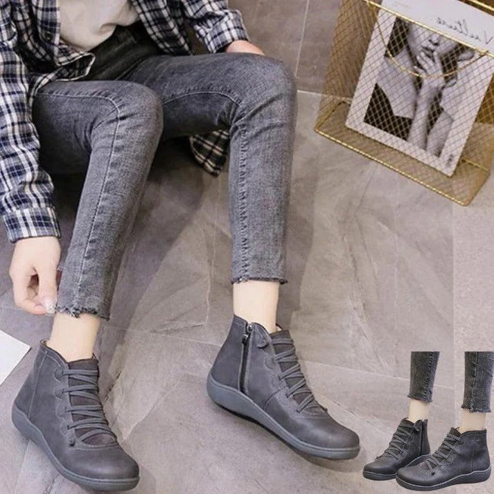 Womens Leather-Look Ankle Boots with Chunky Heel and Side Zipper Closure