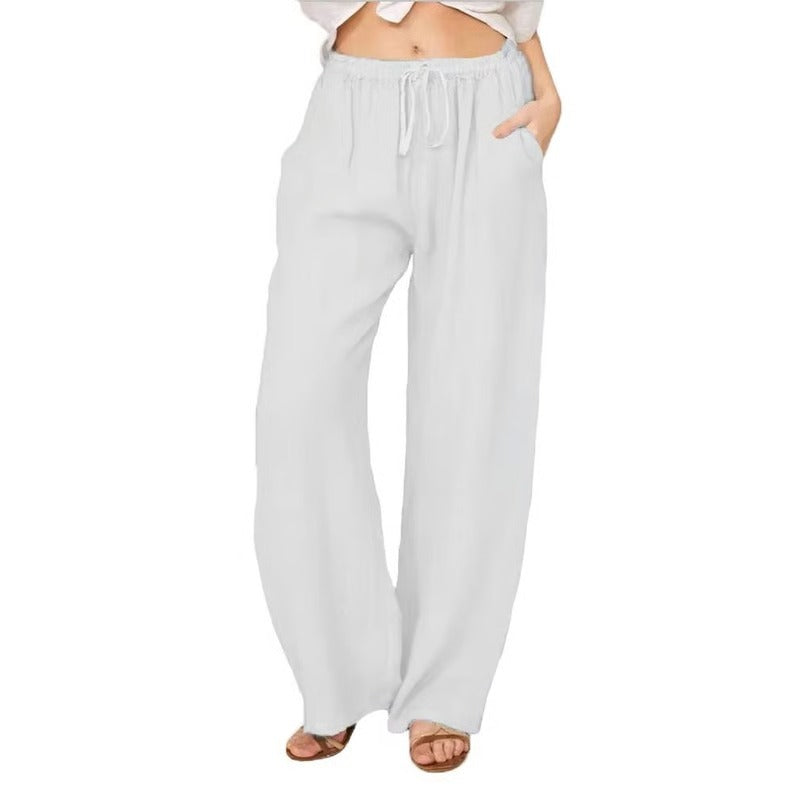 Womens Casual Linen Blend Wide Leg Trousers with Drawstring Waist and Side Pockets