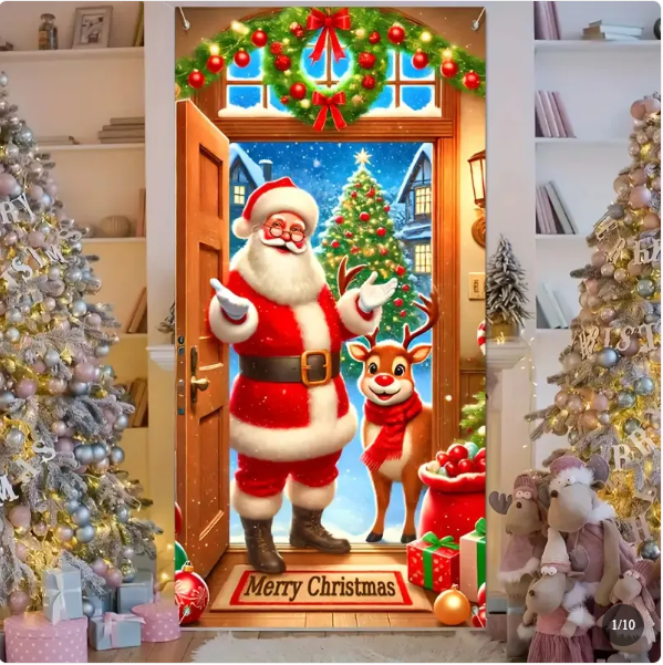 Christmas Door Cover, 3D Holiday Printed Door Decoration, 90 × 180 cm