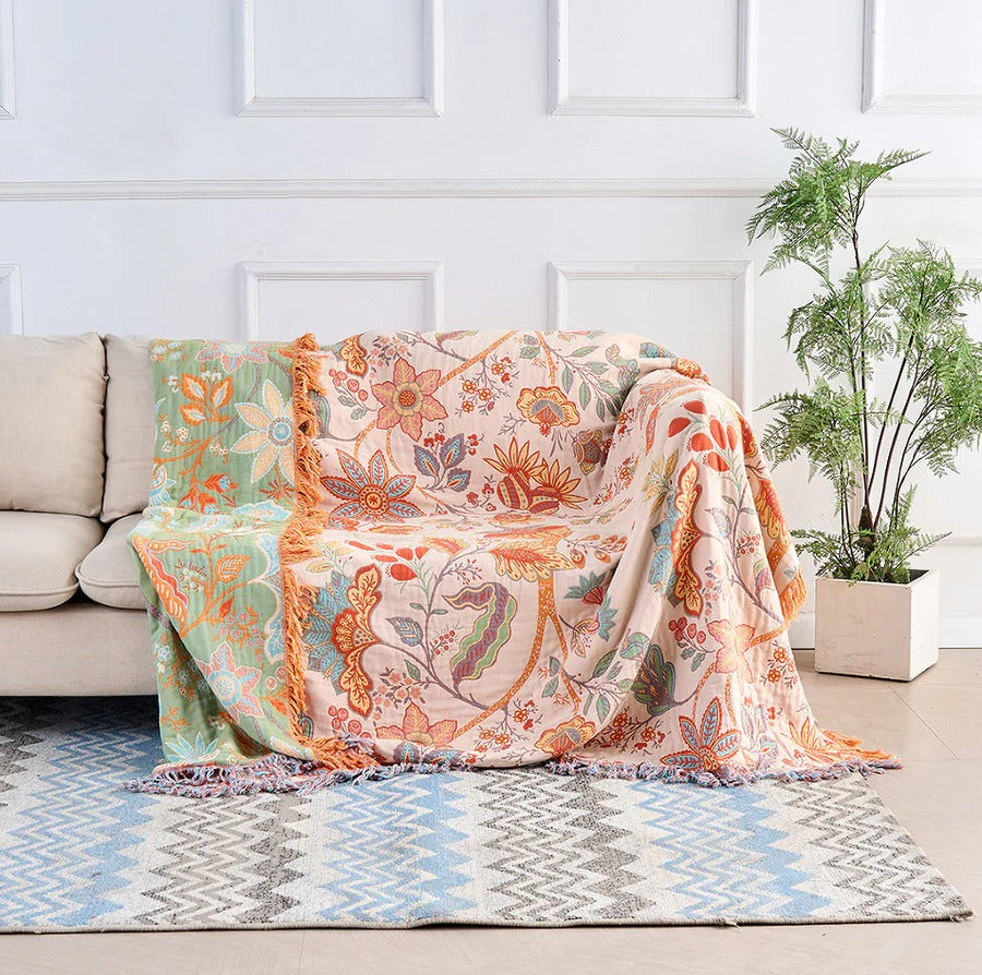 Cotton Floral Blanket with Boho Pattern