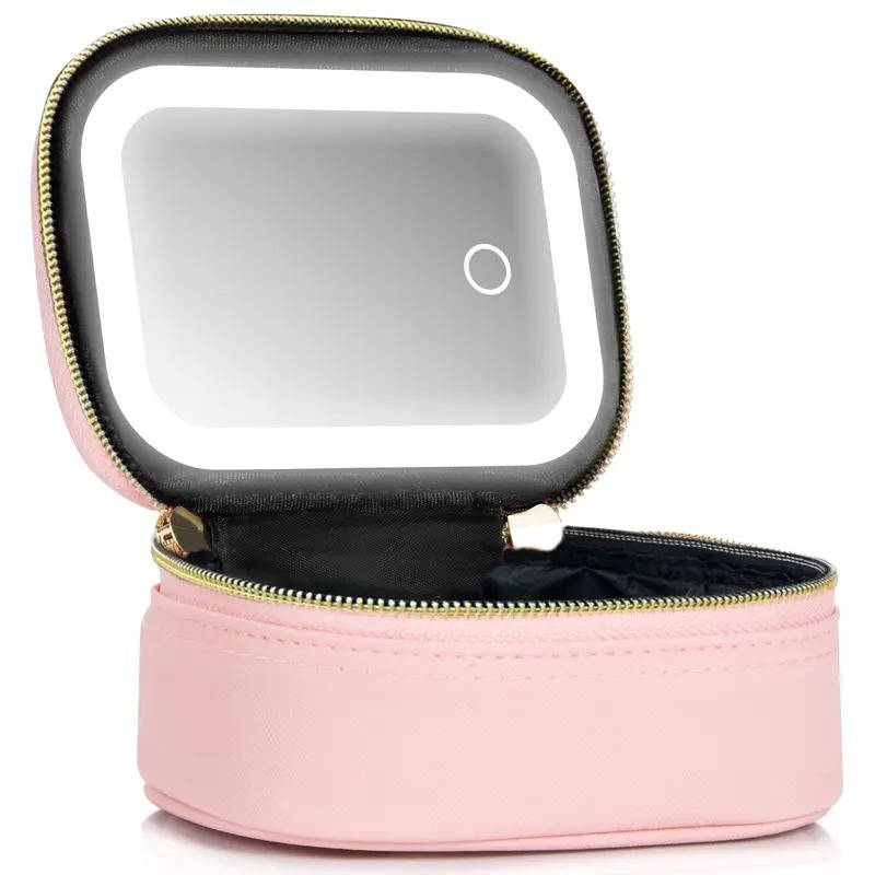 Travel Makeup Bag, Cosmetic Train Case, Adjustable LED Mirror, Portable Organizer