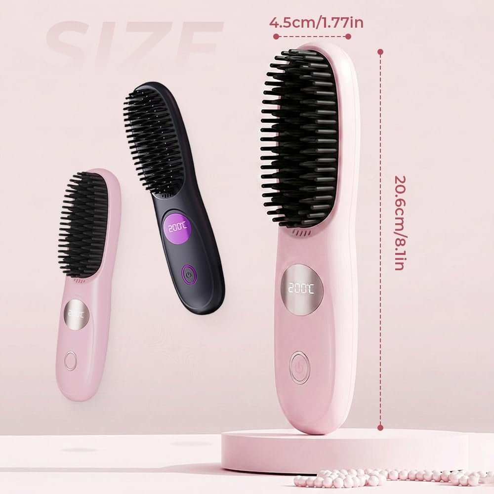 Cordless Hair Straightener Brush Comb with 3 Temperature Settings and Led Display, USB Rechargeable Fast Heating for Travel