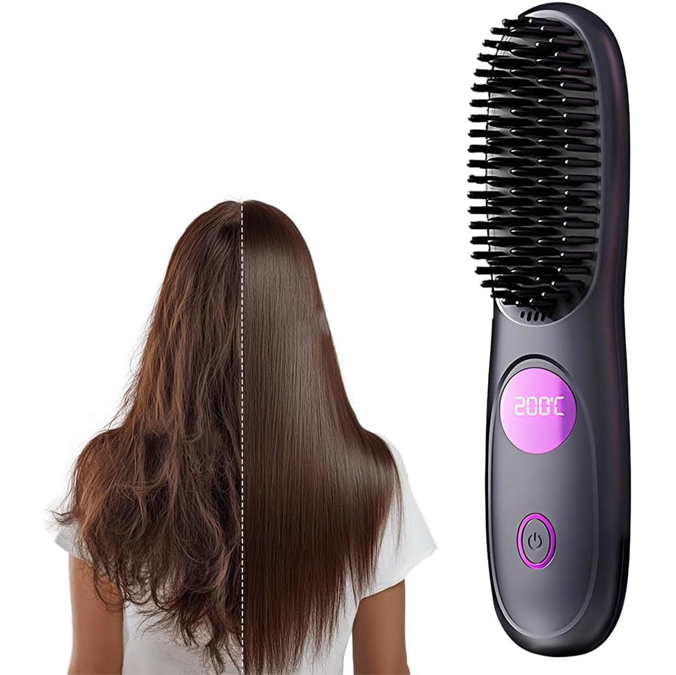 Cordless Hair Straightener Brush Comb with 3 Temperature Settings and Led Display, USB Rechargeable Fast Heating for Travel