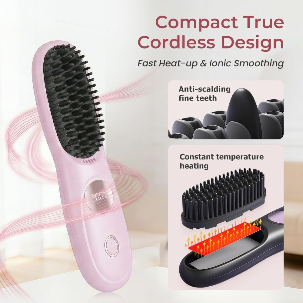Cordless Hair Straightener Brush Comb with 3 Temperature Settings and Led Display, USB Rechargeable Fast Heating for Travel