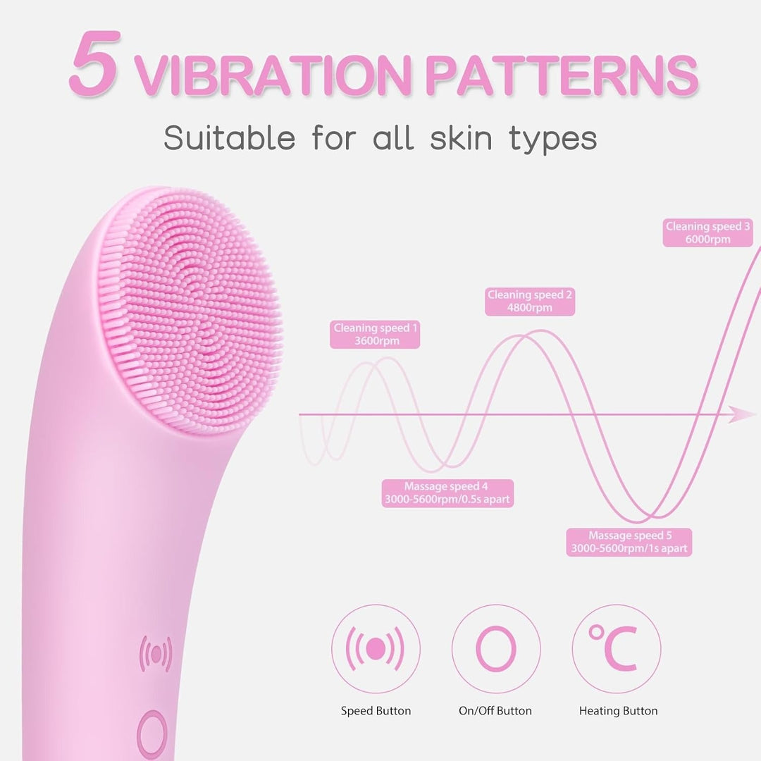 Facial Cleansing Brush, Rechargeable Silicone Face Scrubber with Heat Massage End, Vibrating Exfoliator Scrubber for Deep Cleaning