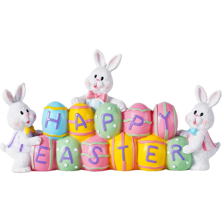 Happy Easter Decorations, 3 Bunny Holding Eggs, Tabletop Centerpiece