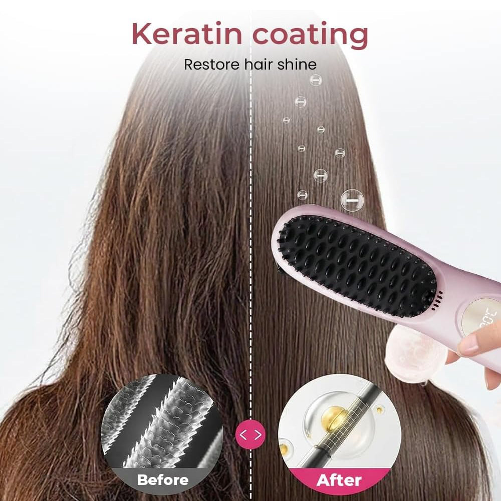 Cordless Hair Straightener Brush Comb with 3 Temperature Settings and Led Display, USB Rechargeable Fast Heating for Travel