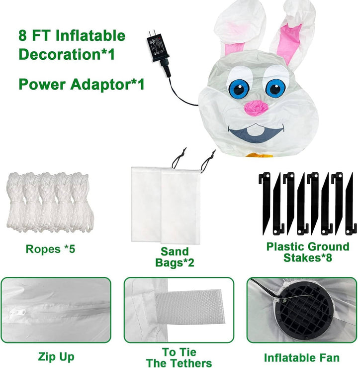 8 Feet Giant Bunny Easter Inflatables Outdoor Decoration, Lighted Blow Up Rabbit Holds Easter Eggs Basket