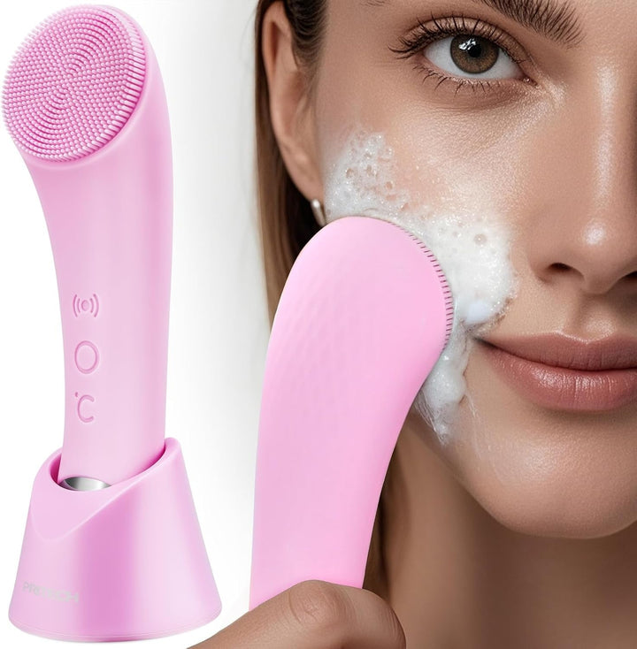 Facial Cleansing Brush, Rechargeable Silicone Face Scrubber with Heat Massage End, Vibrating Exfoliator Scrubber for Deep Cleaning