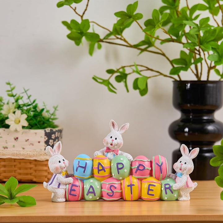 Happy Easter Decorations, 3 Bunny Holding Eggs, Tabletop Centerpiece