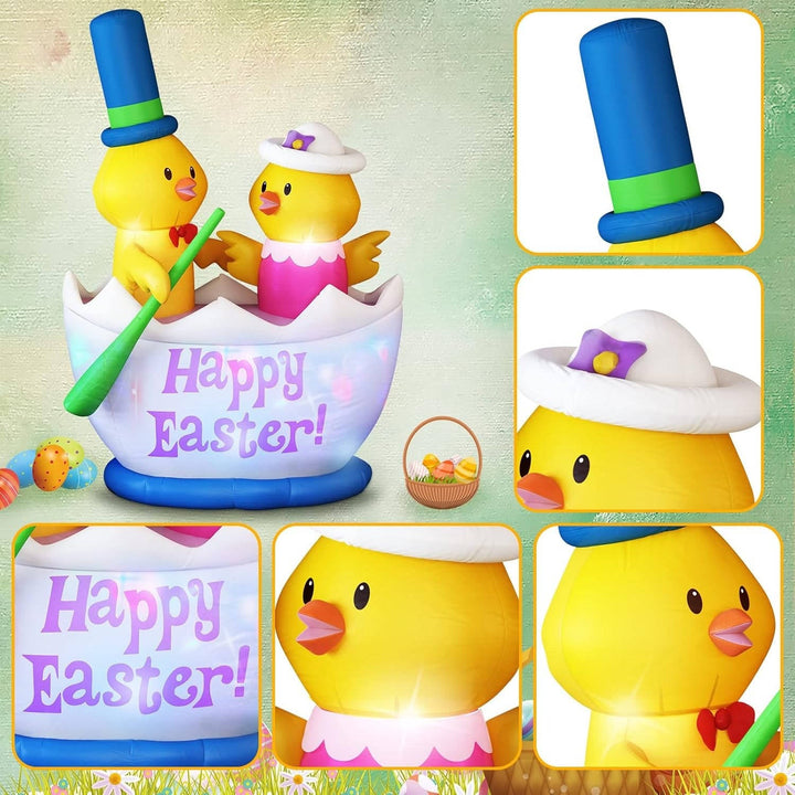6FT Easter Inflatable Decoration, 2 Chicks Boating Blow Up Outdoor Decor with Built in LED Lights for Yard, Lawn, Garden, Holiday Party
