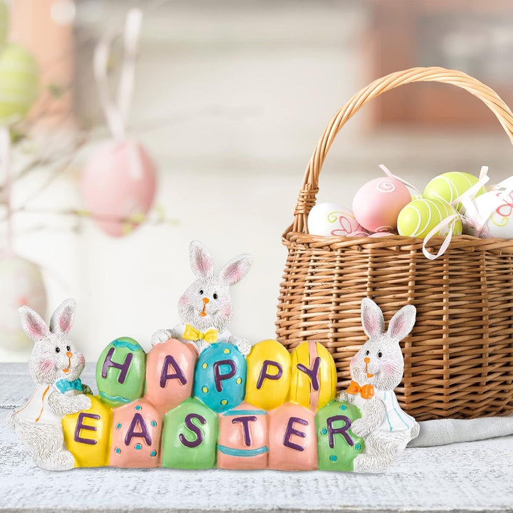 Happy Easter Decorations, 3 Bunny Holding Eggs, Tabletop Centerpiece