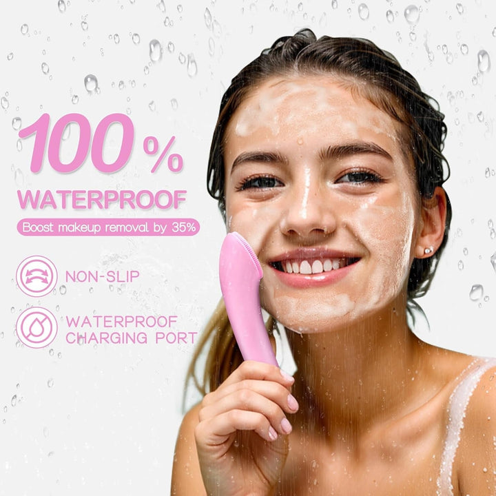 Facial Cleansing Brush, Rechargeable Silicone Face Scrubber with Heat Massage End, Vibrating Exfoliator Scrubber for Deep Cleaning
