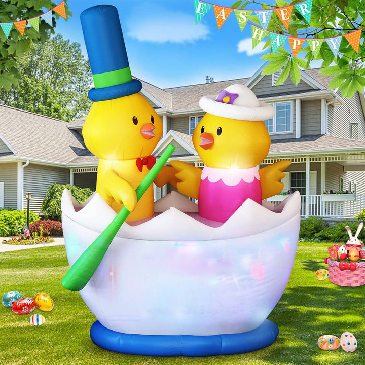 6FT Easter Inflatable Decoration, 2 Chicks Boating Blow Up Outdoor Decor with Built in LED Lights for Yard, Lawn, Garden, Holiday Party