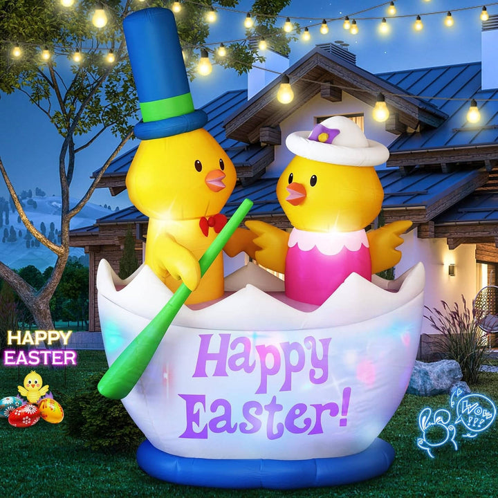 6FT Easter Inflatable Decoration, 2 Chicks Boating Blow Up Outdoor Decor with Built in LED Lights for Yard, Lawn, Garden, Holiday Party