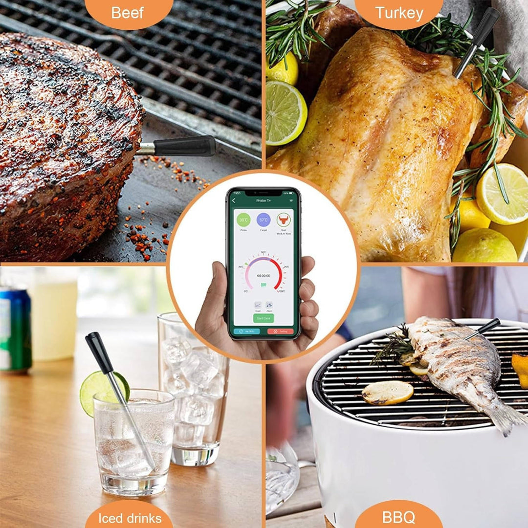 Wireless Meat Thermometer with App Control, Bluetooth 5.2, Long Range, IP68 Waterproof, Probe for BBQ Smoker Grill Oven