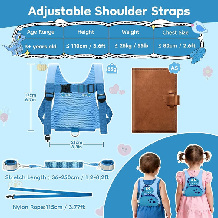 3 In 1 Toddler Harness Leash, Dinosaur Kids Safety Harness with 8.2ft Anti Lost Wrist Link and Key Lock
