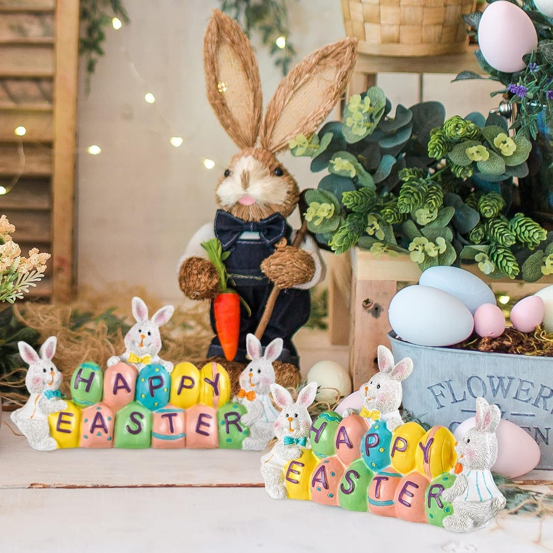 Happy Easter Decorations, 3 Bunny Holding Eggs, Tabletop Centerpiece
