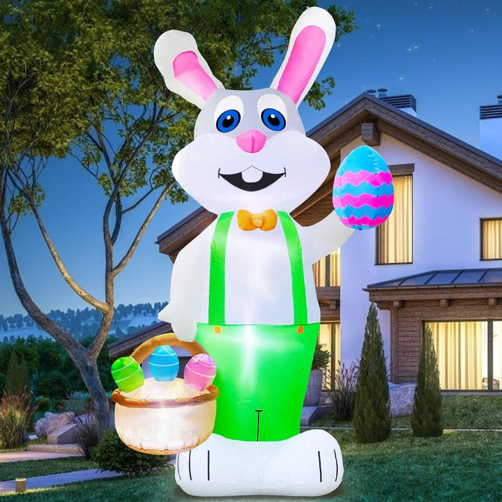 8 Feet Giant Bunny Easter Inflatables Outdoor Decoration, Lighted Blow Up Rabbit Holds Easter Eggs Basket