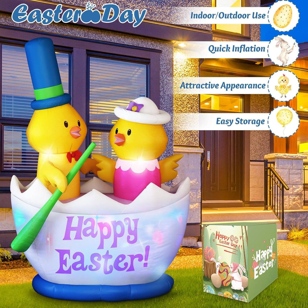 6FT Easter Inflatable Decoration, 2 Chicks Boating Blow Up Outdoor Decor with Built in LED Lights for Yard, Lawn, Garden, Holiday Party