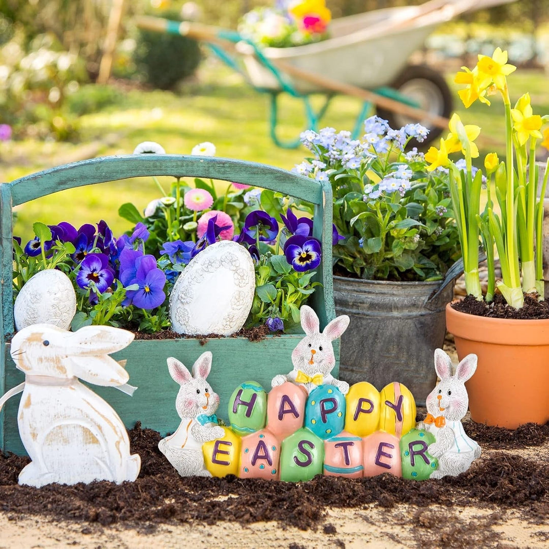 Happy Easter Decorations, 3 Bunny Holding Eggs, Tabletop Centerpiece