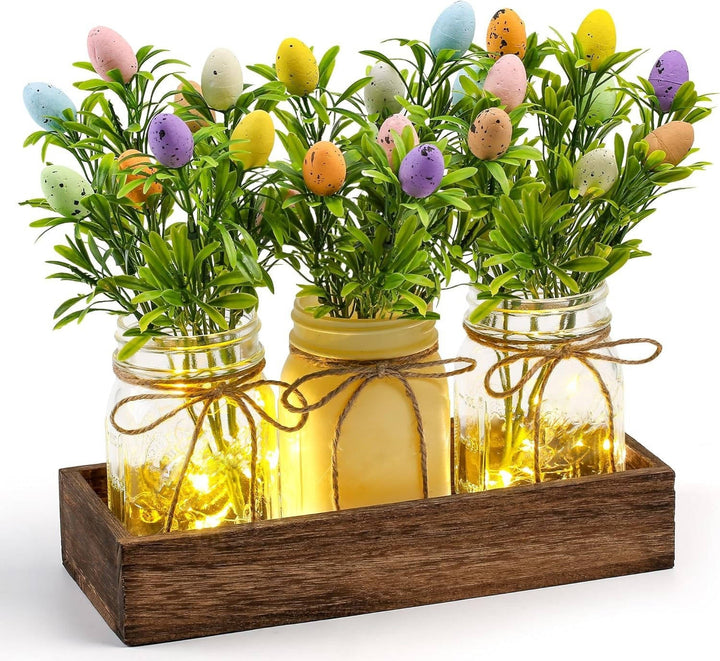 Easter Centerpiece Table Decorations with Wood Tray and LED Lights, Dining Room and Kitchen Table Runner Decor
