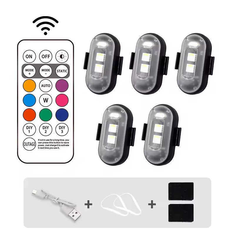 RGB LED Strobe Light Wireless With Remote, Aircraft Style Warning Light for Motorcycle, Car, Bike, Rechargeable, 8 colours, Anti Collision