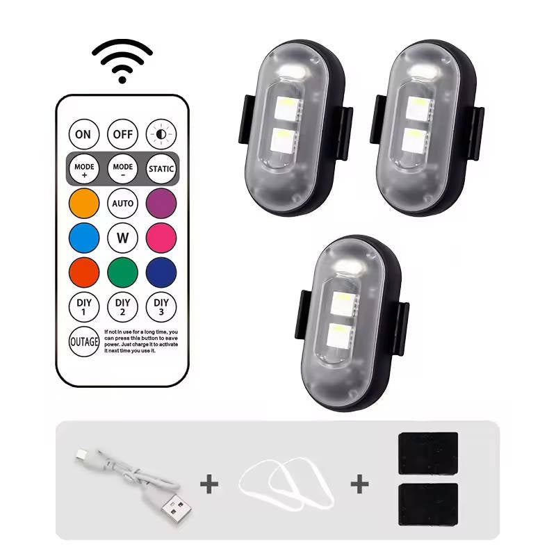 RGB LED Strobe Light Wireless With Remote, Aircraft Style Warning Light for Motorcycle, Car, Bike, Rechargeable, 8 colours, Anti Collision