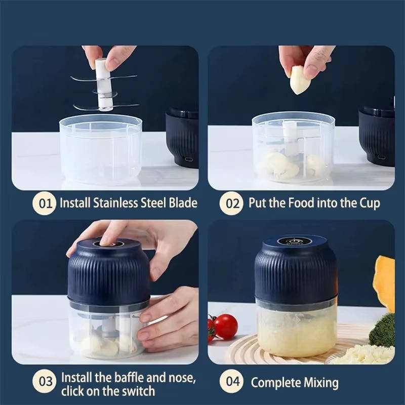 Electric Garlic Chopper, 300ML Portable Food Processor with 4 Sharp Blades, Cordless Vegetable Onion Meat Grinder