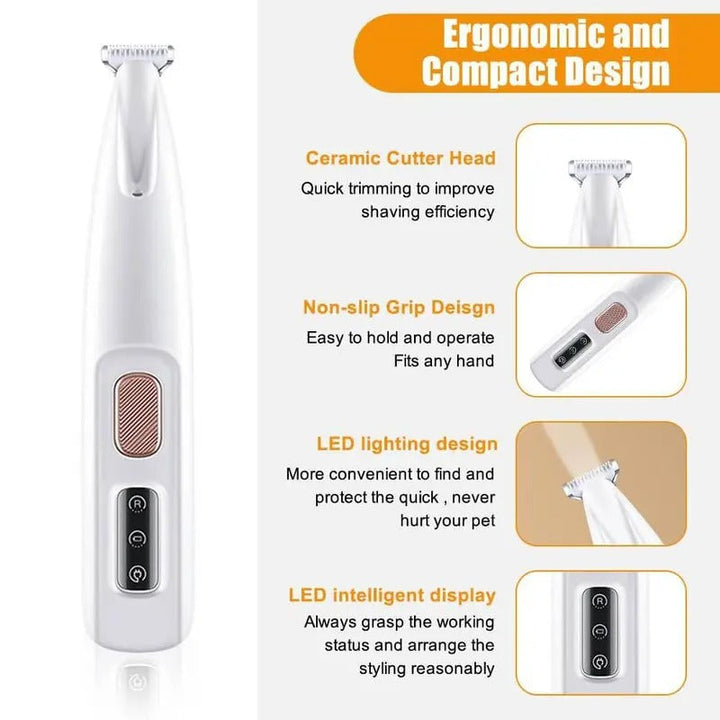 Stress Free LED Pet Paw Trimmer, Whisper Quiet Waterproof Cat and Dog Clipper for Sensitive Areas, Precision Grooming Kit with USB Charging