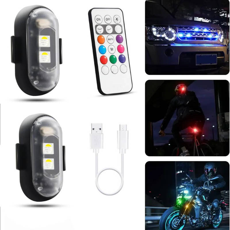 RGB LED Strobe Light Wireless With Remote, Aircraft Style Warning Light for Motorcycle, Car, Bike, Rechargeable, 8 colours, Anti Collision