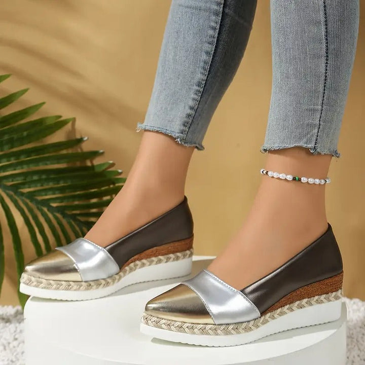 Womens Wedge Sandals with Padded Footbed and Metallic Upper, Lightweight Stable Sole