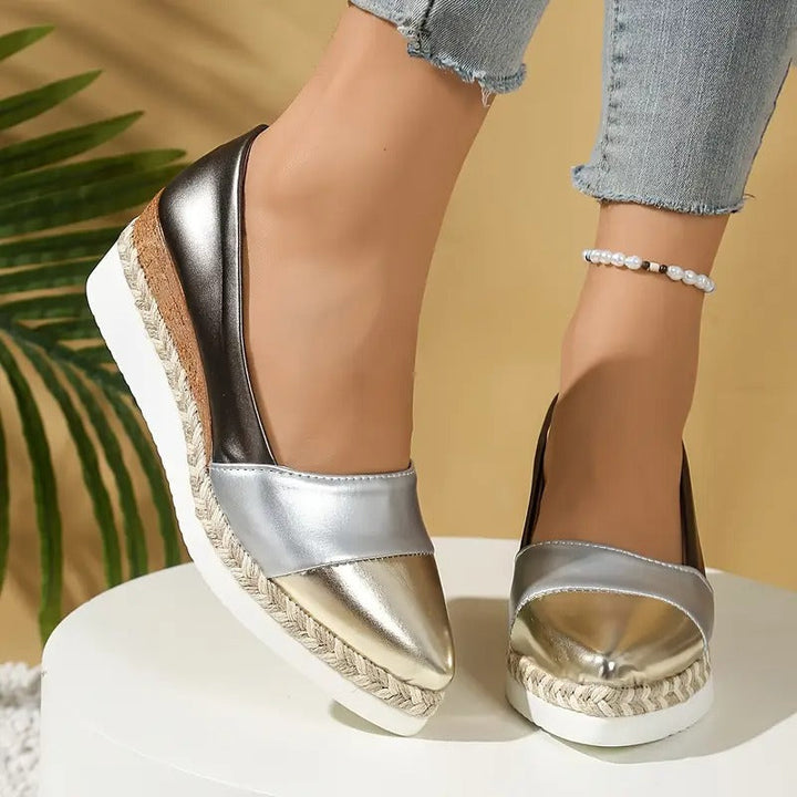 Womens Wedge Sandals with Padded Footbed and Metallic Upper, Lightweight Stable Sole