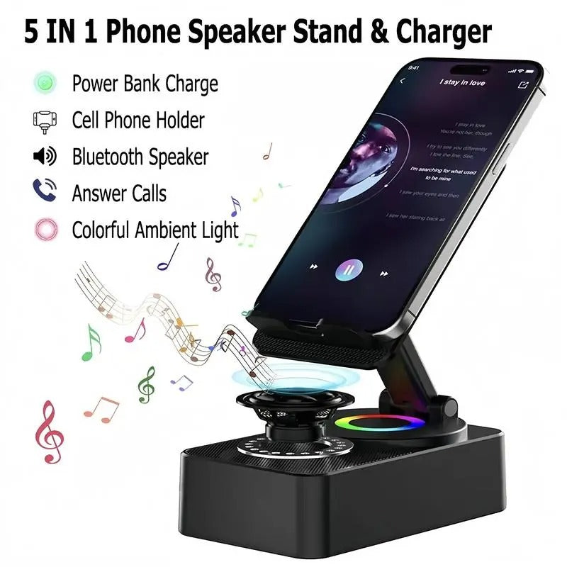 Portable Desk Speaker and Foldable Phone Stand, 5 in 1 Wireless Bluetooth Hub with colourful LED Light for Iphone, Android and Tablets