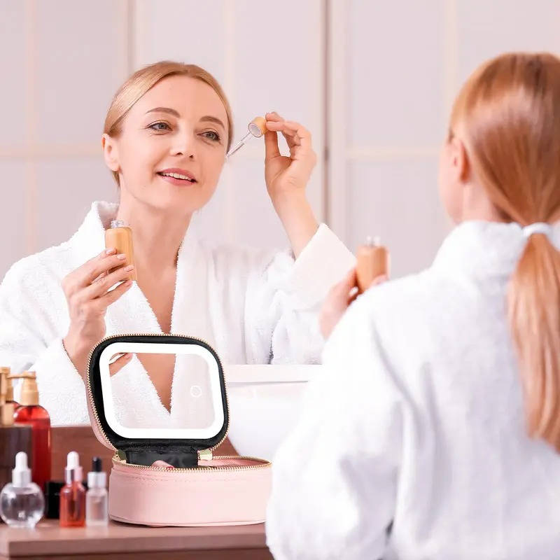 Travel Makeup Bag, Cosmetic Train Case, Adjustable LED Mirror, Portable Organizer