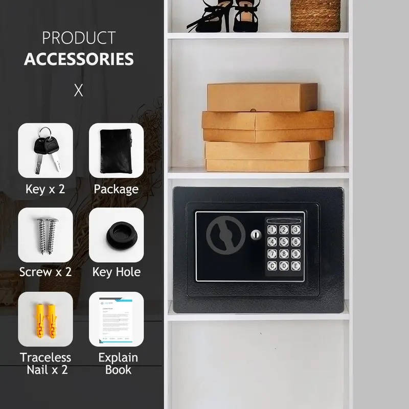 Fireproof Home Security Safe Box with Digital Keypad, Small Money Safe with Internal Sensor Light, Emergency Keys and Fireproof Bag