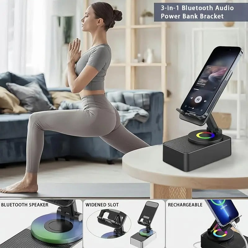 Portable Desk Speaker and Foldable Phone Stand, 5 in 1 Wireless Bluetooth Hub with colourful LED Light for Iphone, Android and Tablets