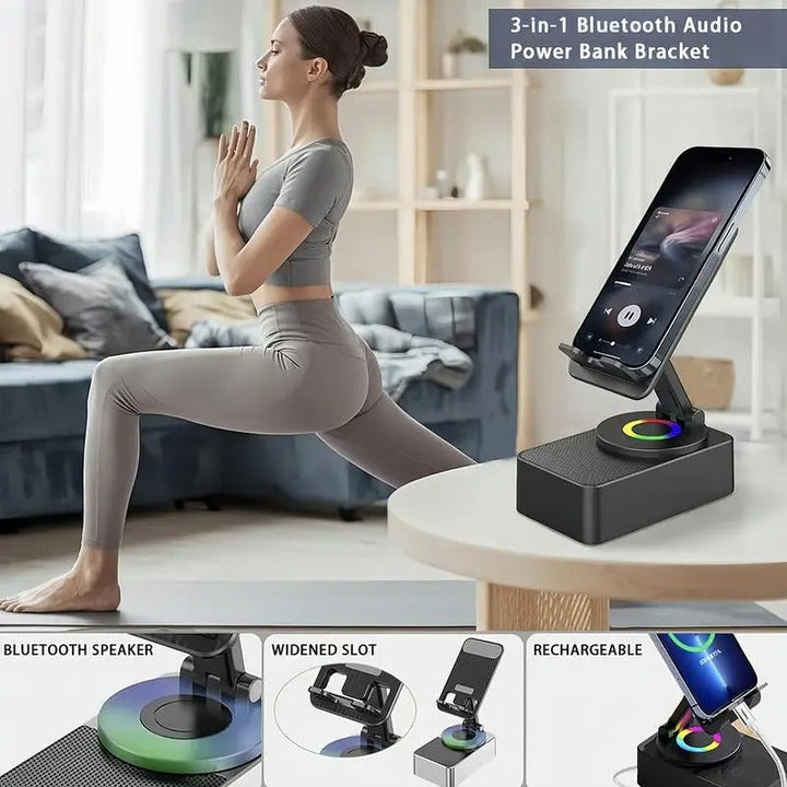 Portable Desk Speaker and Foldable Phone Stand, 5 in 1 Wireless Bluetooth Hub with colourful LED Light for Iphone, Android and Tablets