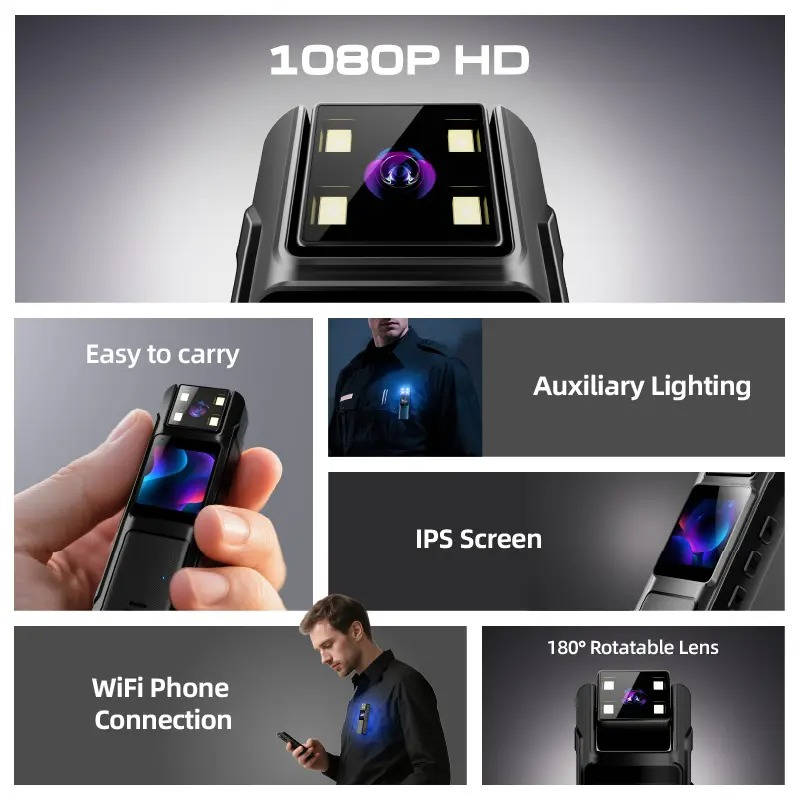 Compact 1080P HD Body Camera with 180° Rotatable Lens, Portable Wearable Video Recorder with Night Vision, Motion Detection and Wide Angle Recording