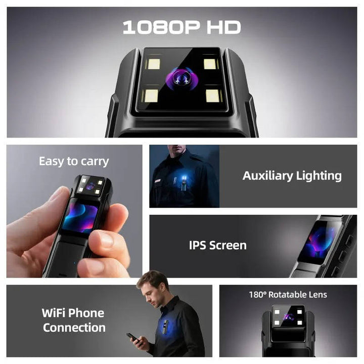 Compact 1080P HD Body Camera with 180° Rotatable Lens, Portable Wearable Video Recorder with Night Vision, Motion Detection and Wide Angle Recording