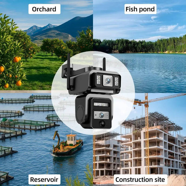 Outdoor Solar CCTV Security Camera with Automatic Tracking, Dual Lens Wireless Security System, 1080P HD, Two Way Audio and IP66 Waterproof