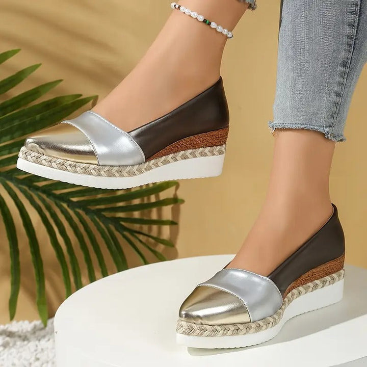 Womens Wedge Sandals with Padded Footbed and Metallic Upper, Lightweight Stable Sole
