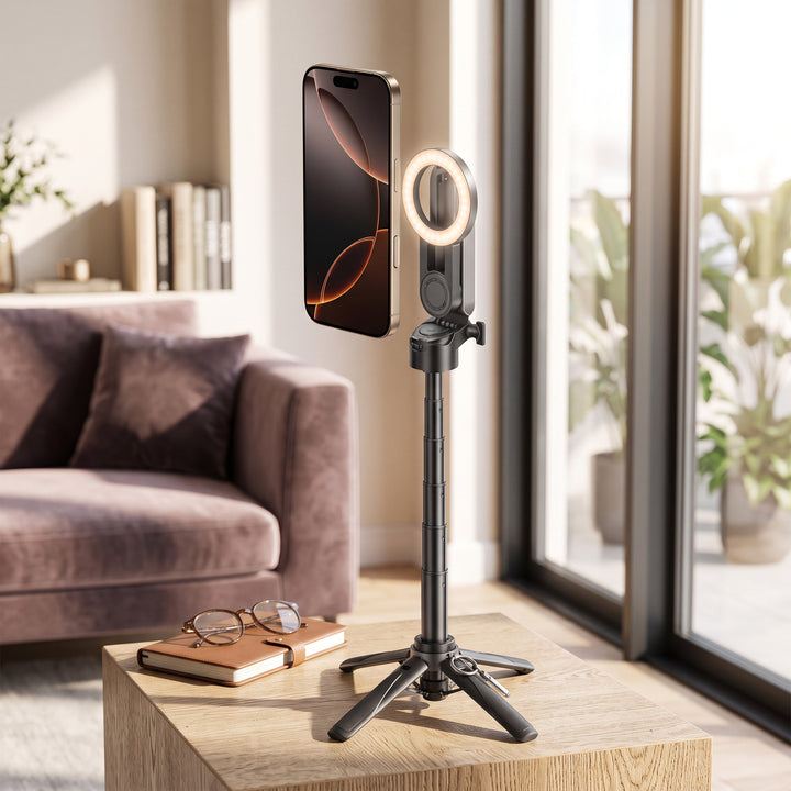 Selfie Stick with Magnetic Phone Holder and 10-Meter Wireless Remote, Tripod Base