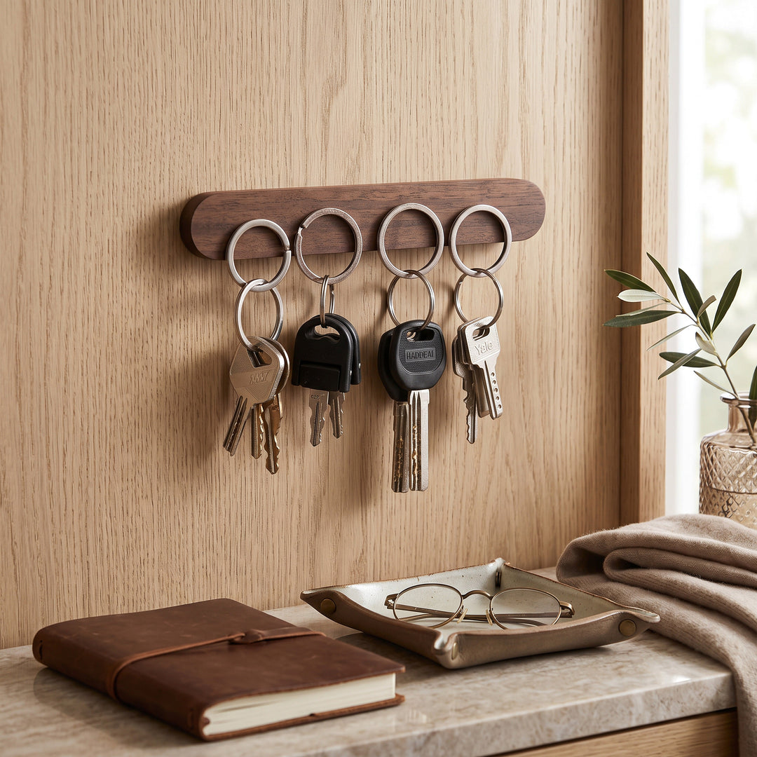 Magnetic Wooden Key Holder with Adhesive Mounting and Natural Wood Finish