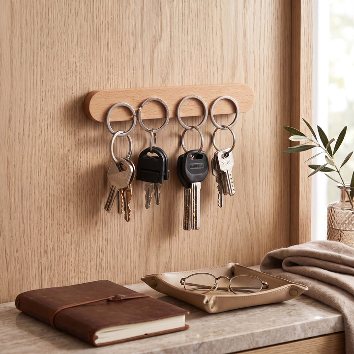 Magnetic Wooden Key Holder with Adhesive Mounting and Natural Wood Finish