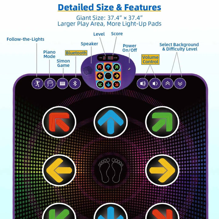 Light Up Dance Mat for Kids with Bluetooth Electronic Music Game Pad Ages 3 to 12