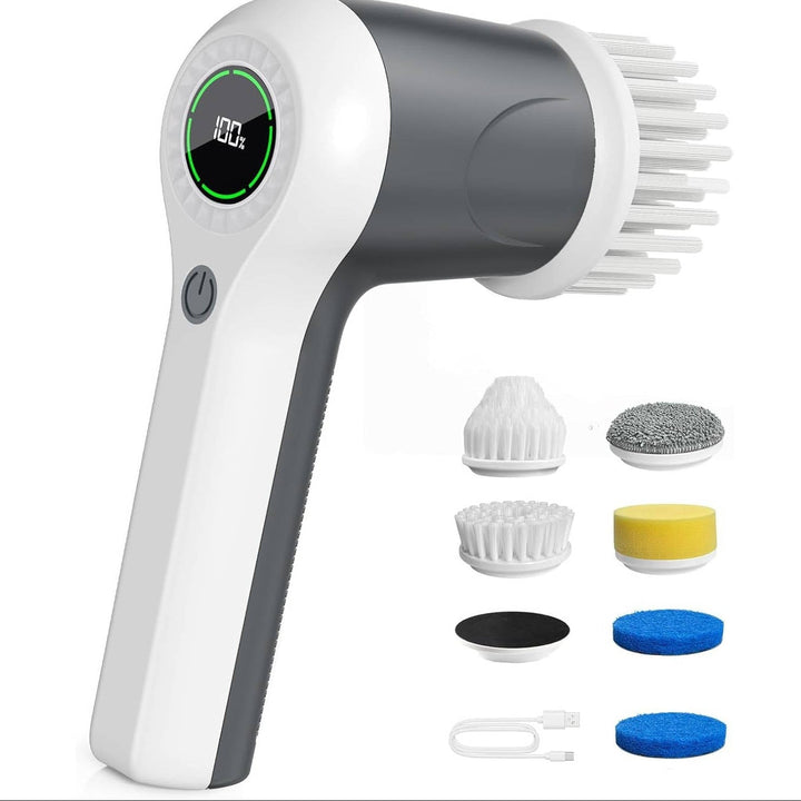 Cordless Electric Spin Scrubber with 2 Speeds and Battery Display, 6 Head Cleaning Brush for Bathroom, Sink and Window